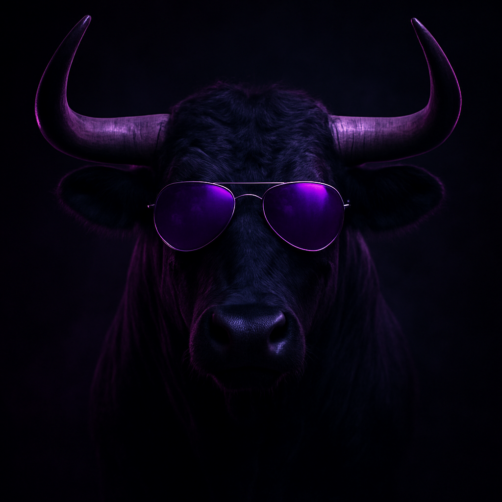 The Purpose Cow — a bull wearing violet sunglasses